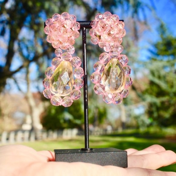 New Clear Crystal Acrylic Dangle Drop Earrings Pink Big Dangle Fresh Spring - Picture 12 of 13